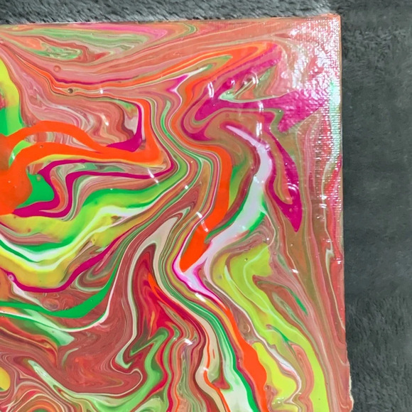 Original Paint Pour with neon pink, coral, green, yellow, & white on 8x8 canvas - Picture 3 of 7
